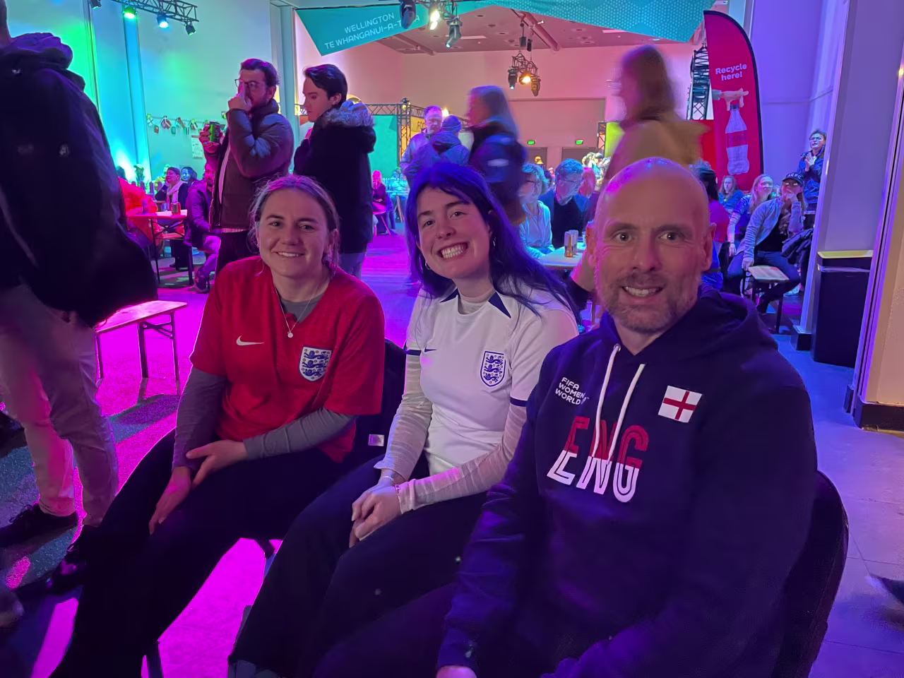 Matigan Smith, Briony Smith and Dan Smith (from left) are from Dunedin but supporting the Lionesses against Denmark tonight.