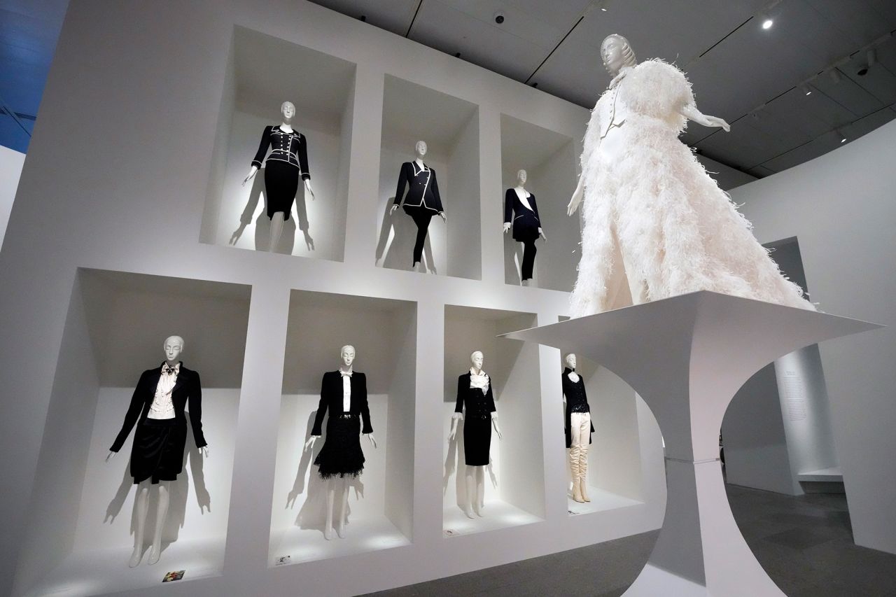 Designs by Karl Lagerfeld are displayed at the Metropolitan Museum of Art's Costume Institute exhibition, "Karl Lagerfeld: A Line of Beauty," in New York on April 29, 2023. 