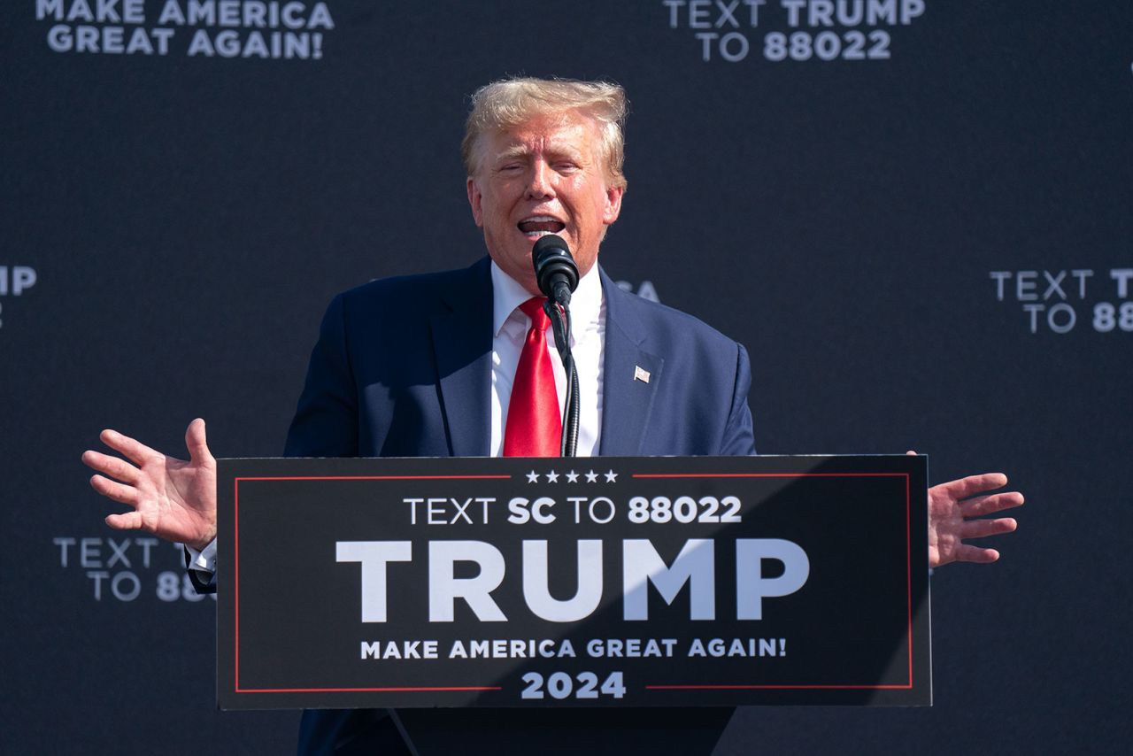 Donald Trump speaks to a crowd during a campaign rally on September 25, 2023, in Summerville, South Carolina.