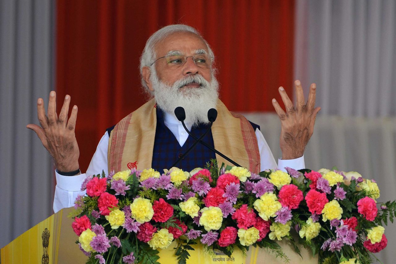 Indian Prime Minister Narendra Modi is pictured addressing a public meeting in Sivasagar district of India's Assam state in January. 