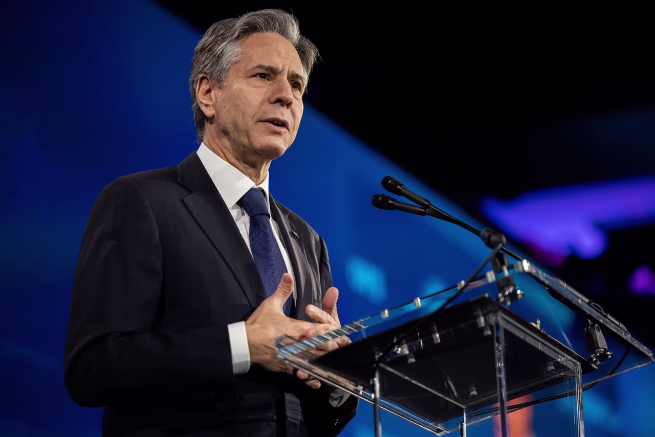 Antony Blinken speaks during the United States Conference of Mayors winter meeting on January 18 in Washington, DC.
