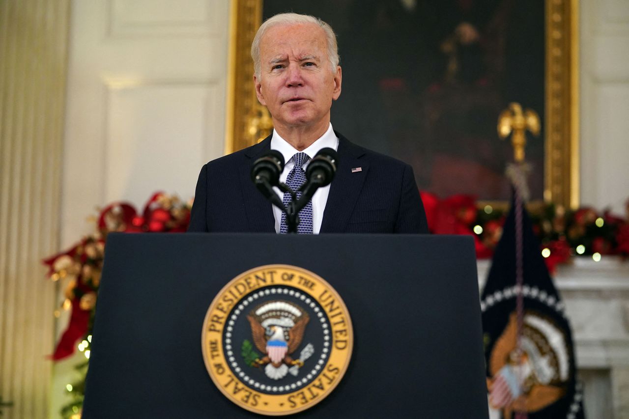 US President Joe Biden speaks about the November Jobs Report from the State Dining Room of the White House in Washington, DC, on December 3rd, 2021.?