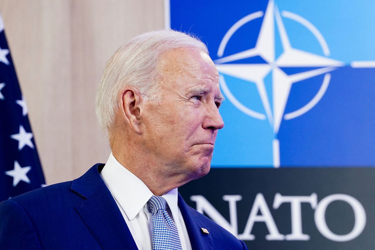 Biden addresses the media in Vilnius, Lithuania, on July 11.