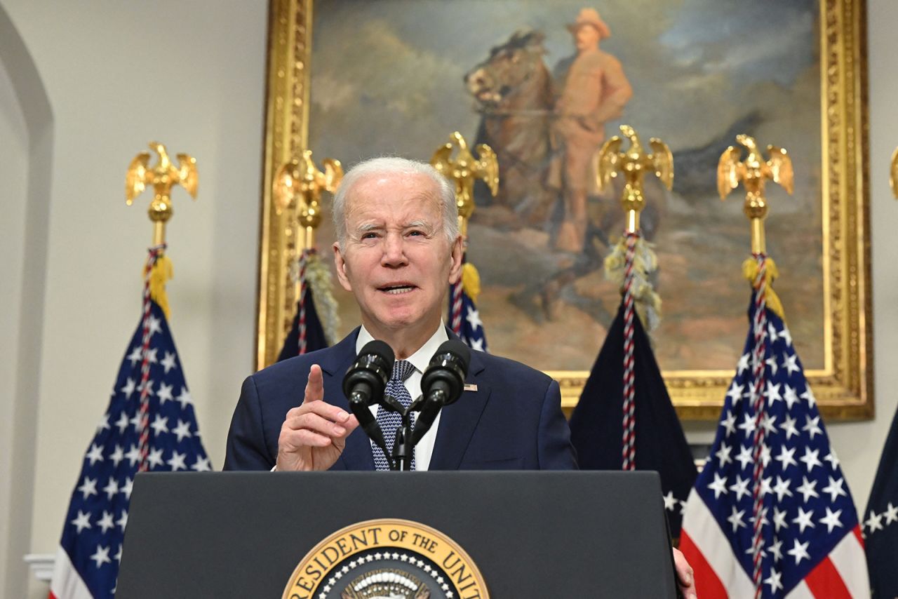 US President Joe Biden speaks about the US banking system today in the Roosevelt Room of the White House in Washington, DC.?