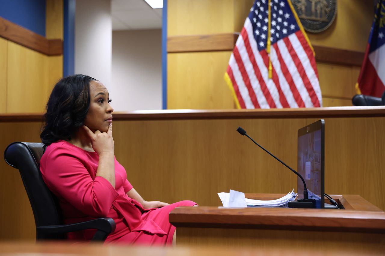 Fulton County District Attorney Fani Willis takes the stand during a hearing in the case of the State of Georgia v. Donald John Trump at the Fulton County Courthouse on February 15, in Atlanta.?