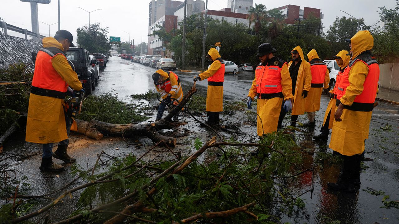 Government employees remove a fallen tree from the roadway as tropical storm Alberto hits, in Monterrey, Mexico on June 20.