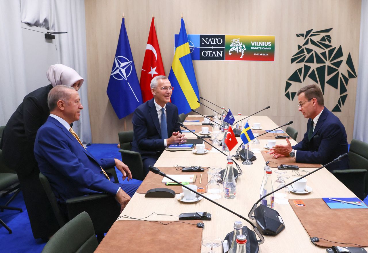 NATO Secretary-General Jens Stoltenberg, center, Turkish President Tayyip Erdogan, left and Swedish Prime Minister Ulf Kristersson attend a meeting, on the eve of a NATO summit, in Vilnius, Lithuania, on July 10.