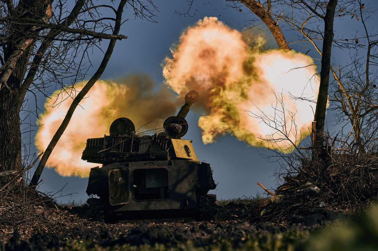 A self-propelled artillery vehicle fires near Bakhmut, Ukraine on Wednesday, November 9.