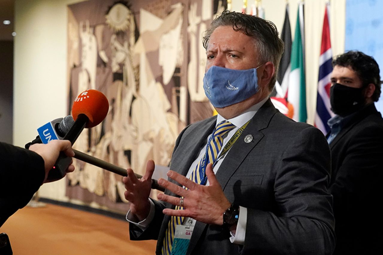 Ukraine's UN Ambassador Sergiy Kyslytsya talks with the press after the United Nations Security Council meeting, Thursday, Feb\ruary 17.