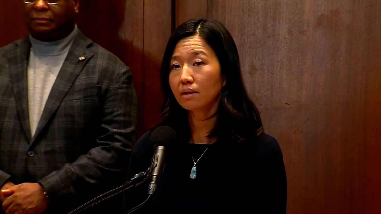 Boston Mayor Michelle Wu speaks during a press conference on Monday in Boston.