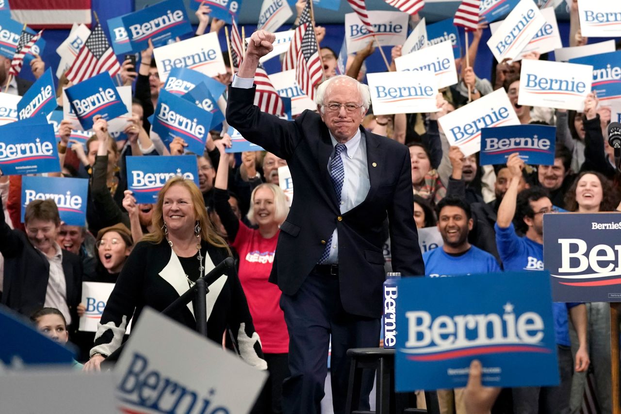 Democratic presidential candidate Sen. Bernie Sanders takes the stage during a primary night event on February 11, 2020 in Manchester, New Hampshire. 