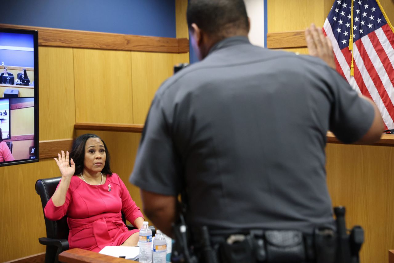 Fulton County District Attorney Fani Willis is sworn in to testify during a hearing in the case of the State of Georgia v. Donald John Trump at the Fulton County Courthouse on February 15 in Atlanta, Georgia. 