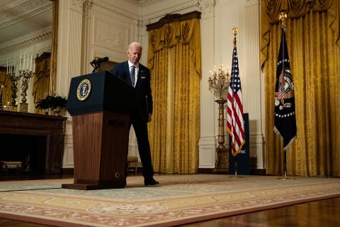 President Joe Biden departs after delivering remarks at a virtual event hosted by the Munich Security Conference in the East Room of the White House on February 19, in Washington, DC.
