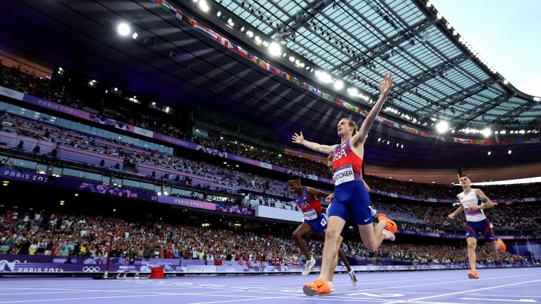 Cole Hocker celebrates winning the gold medal during the men's 1,500 meters final in Paris, France on August 6.