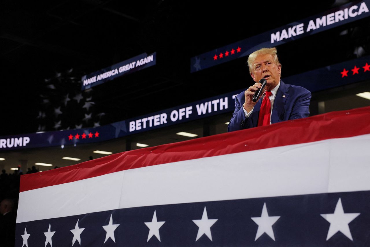 Republican presidential nominee, former President Donald Trump speaks at a campaign town hall meeting in Flint, Michigan, on September 17. 