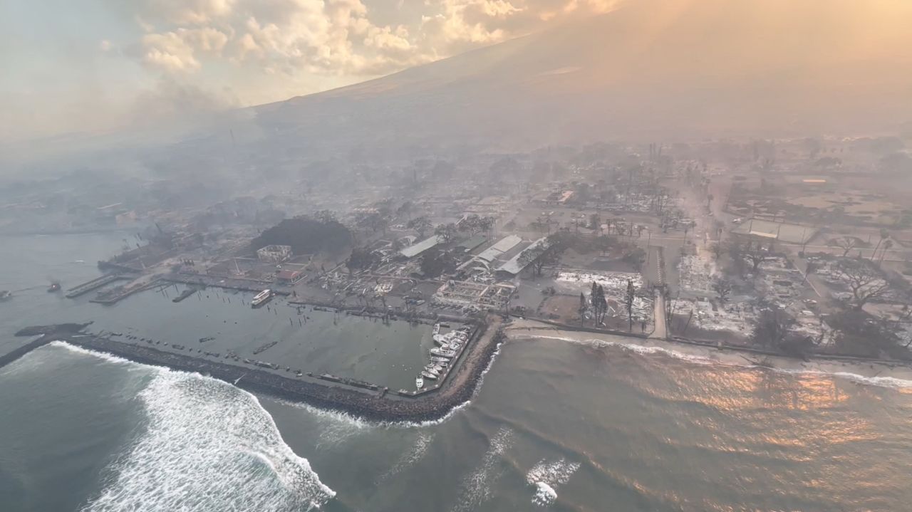 An aerial view of damaged areas amidst wildfires in Maui, Hawaii, on August 9.