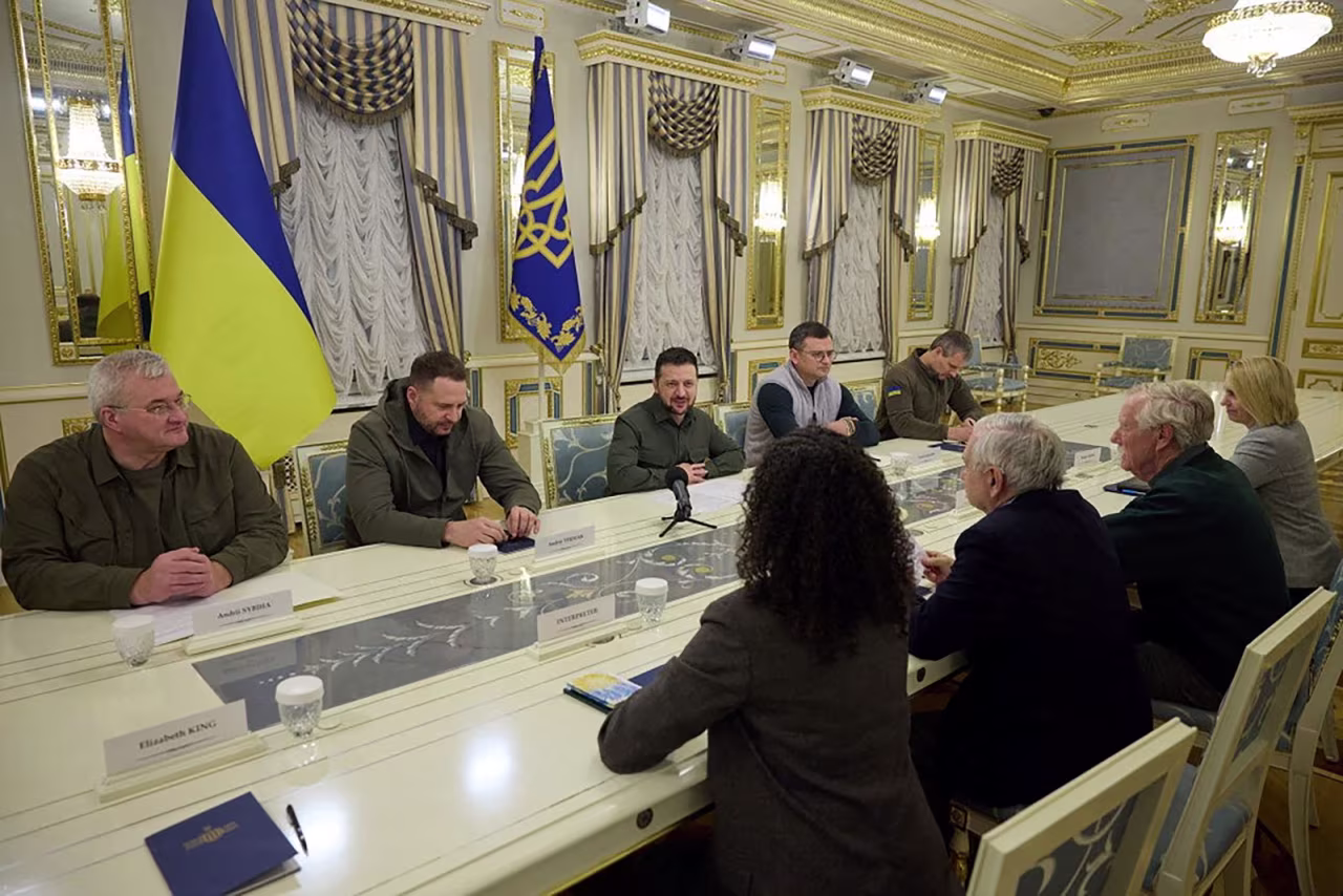 US Senators Jack Reed, Chairman of the Senate Armed Services Committee, and Angus King attend a meeting with Ukraine's President Volodymyr Zelensky in Kyiv on January 6.