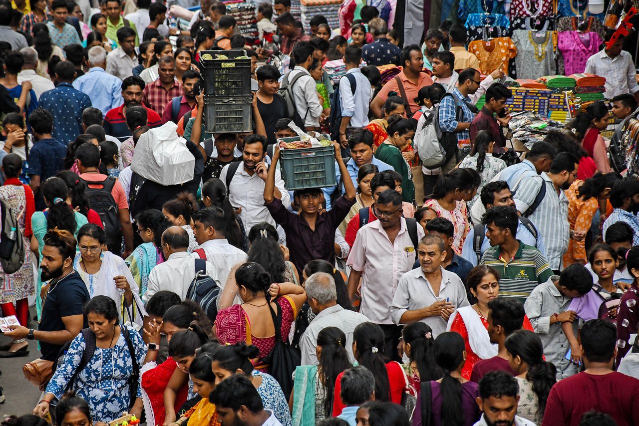Crowd of people are seen shopping at Dadar market in Mumbai on November 10, 2023.