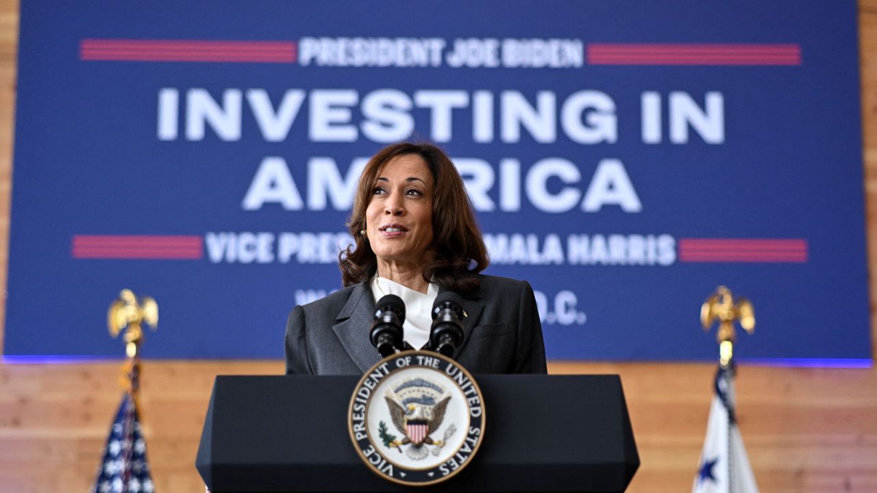 Vice President Kamala Harris speaks about the impact of "Bidenomics" at Sycamore and Oak retail village in the Congress Heights neighborhood of Washington, DC, on August 4, 2023.