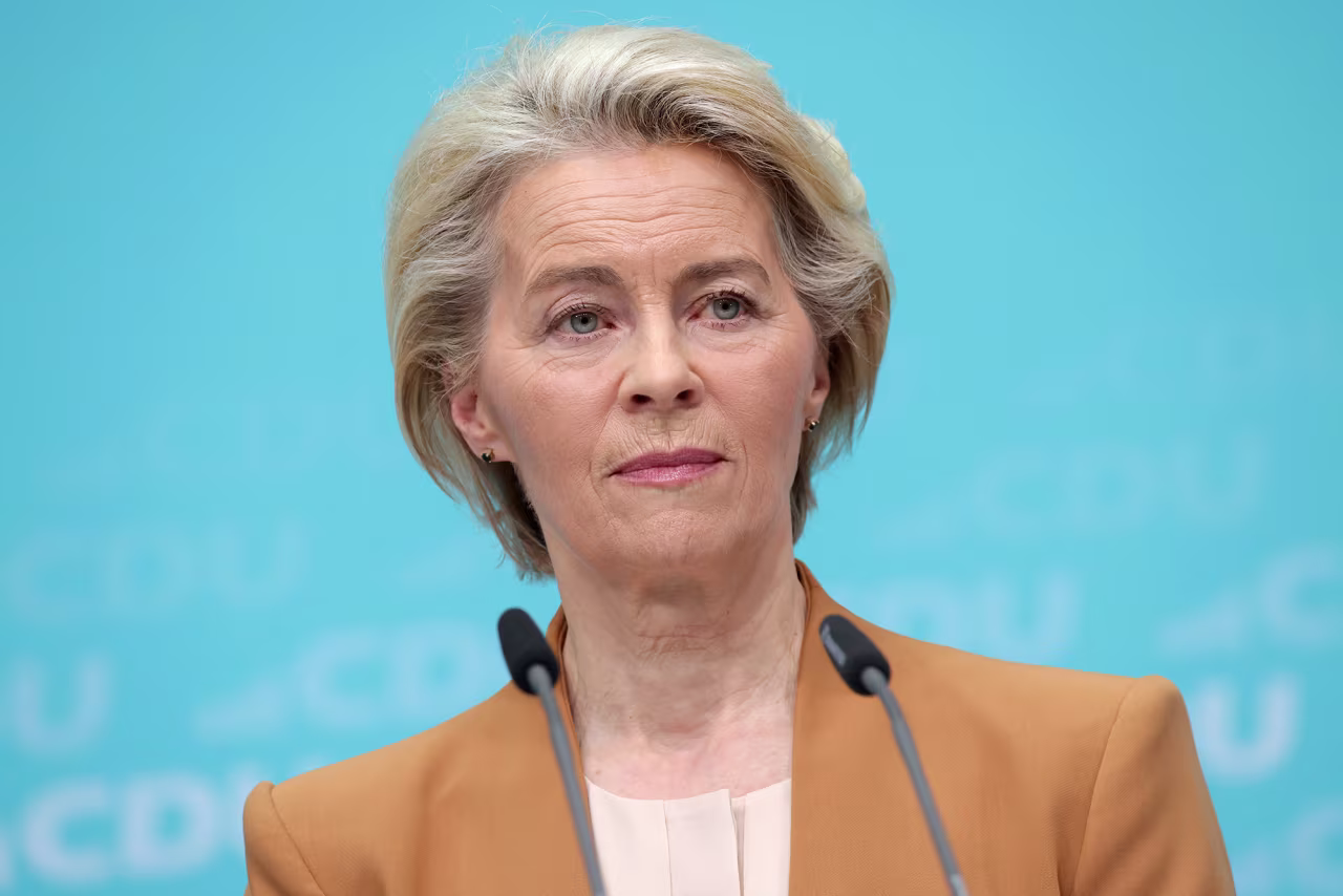 Ursula von der Leyen, President of the European Commission speaks to the media at CDU headquarters on February 19, 2024 in Berlin, Germany. 