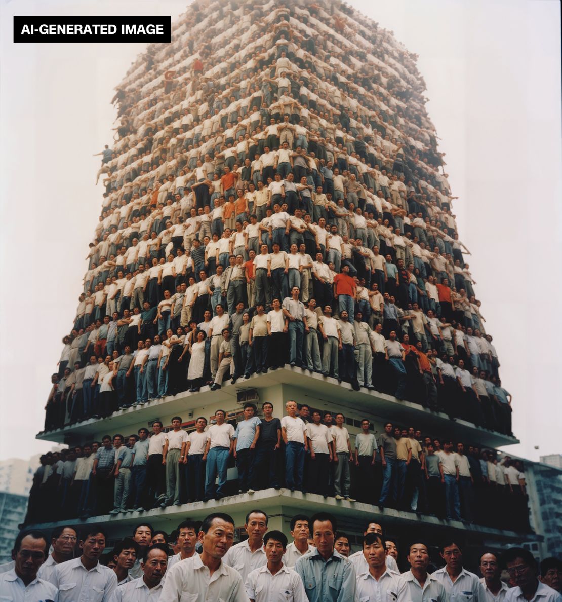 In “Overpopulation,” a precarious-looking tower of people stand shoulder-to-shoulder. The Kowloon Walled City was “not a monstrosity of concrete and steel,” Tse said, but rather “a complex organism woven with resilient human narratives.”