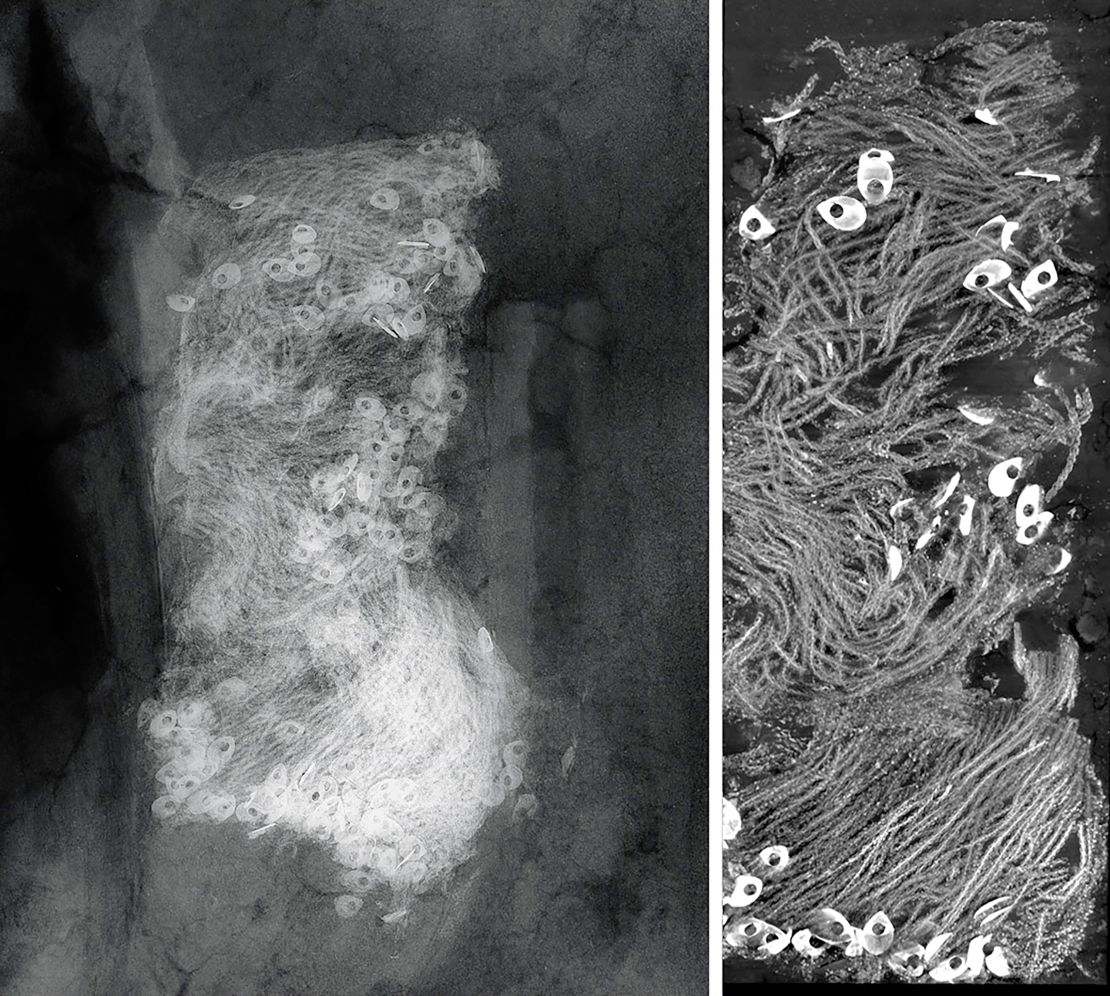 An X-ray scan (left) of the spangled military sash fringed in silver (right) found in the grave of Captain William West.