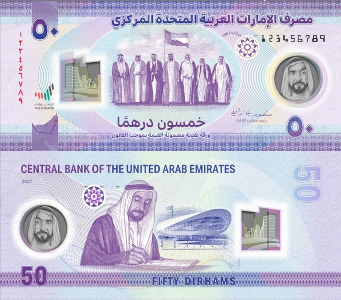 Shukla's photos of the UAE's founding fathers (top) and Sheikh Zayed signing (bottom) are featured on the 50 dirham note.