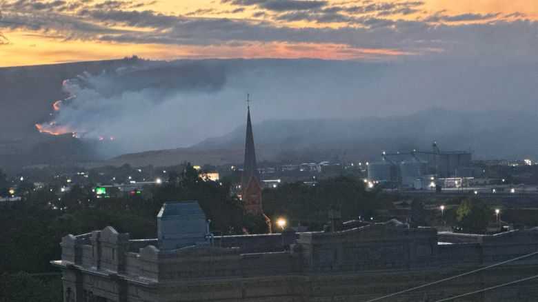 The Rowena fire burns in northern Oregon Wednesday evening.