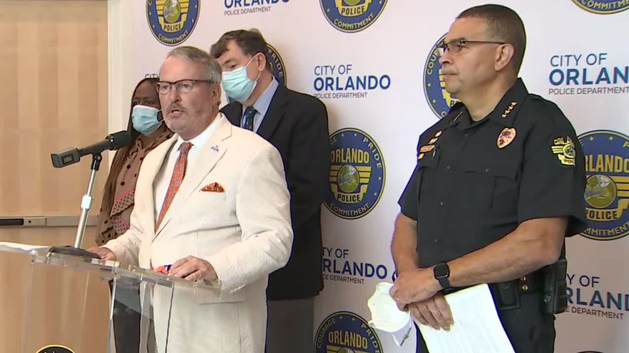 Orlando Mayor Buddy Dyer speaks during a news conference on Monday.