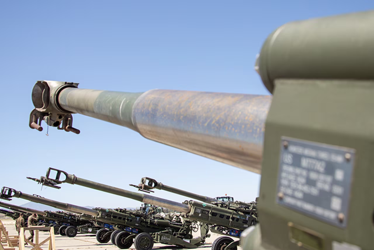 Howitzers are seen prior to being loaded onto a U.S. Air Force aircraft at March Air Reserve Base, California, April 22,  to be shipped to  Ukraine. 