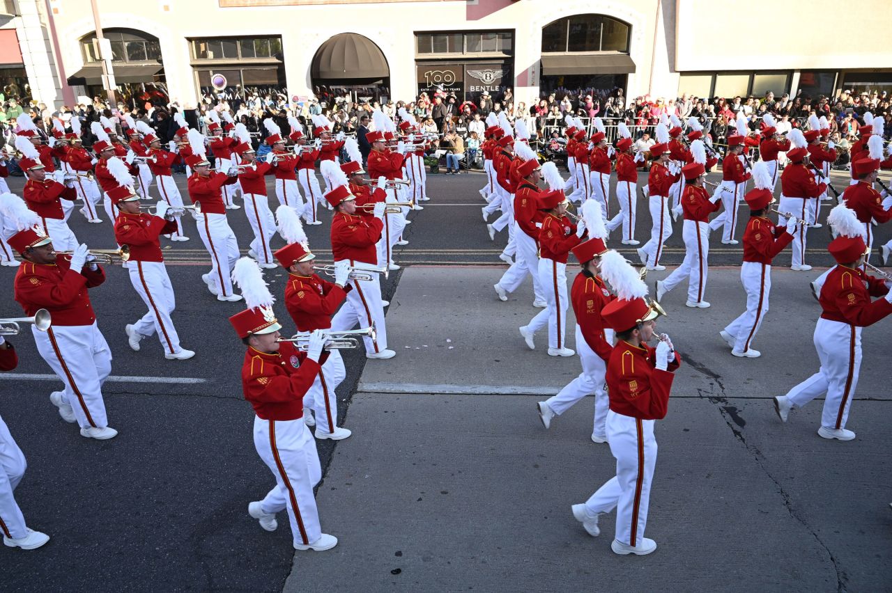 The Pasadena City College marching band participates in the Rose Parade on January 1.