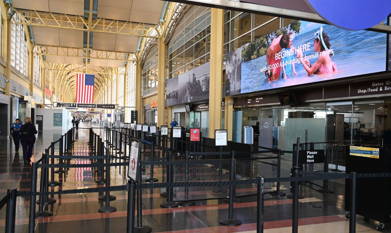 An empty TSA control checkpoint is seen at Washington National Airport on April 11, in Arlington, Virginia.