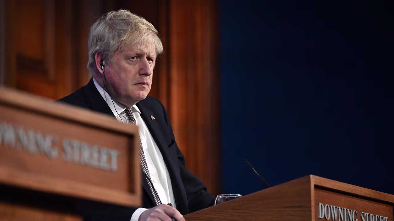 UK Prime Minister Boris Johnson speaks during a joint press conference with Germany's Chancellor Olaf Scholz following a bilateral meeting at 10 Downing Street, in London, on April 8.