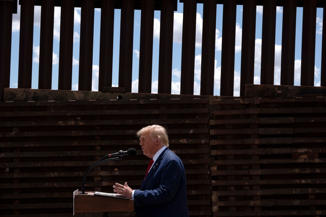 Republican presidential candidate, former President Donald Trump speaks at the US-Mexico border on August 22. 