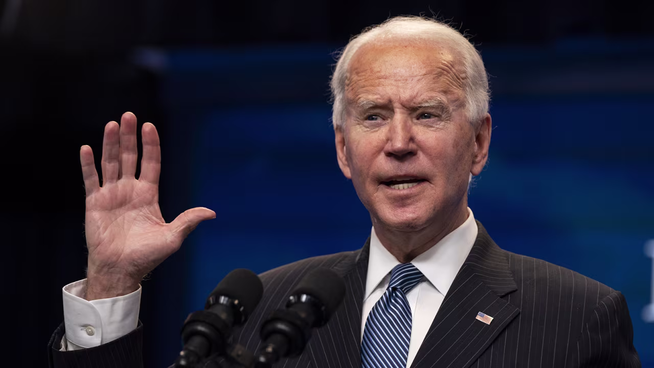 President Joe Biden answers questions from reporters in the South Court Auditorium on the White House complex on Monday, January 25, in Washington.