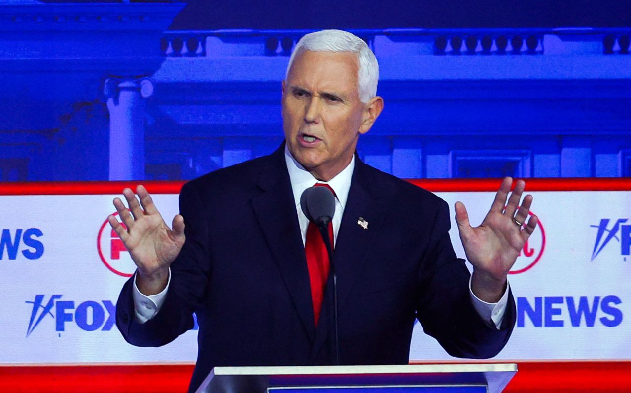 Former Vice President Mike Pence speaks at the first Republican primary debate in Milwaukee, Wisconsin, on August 23. 