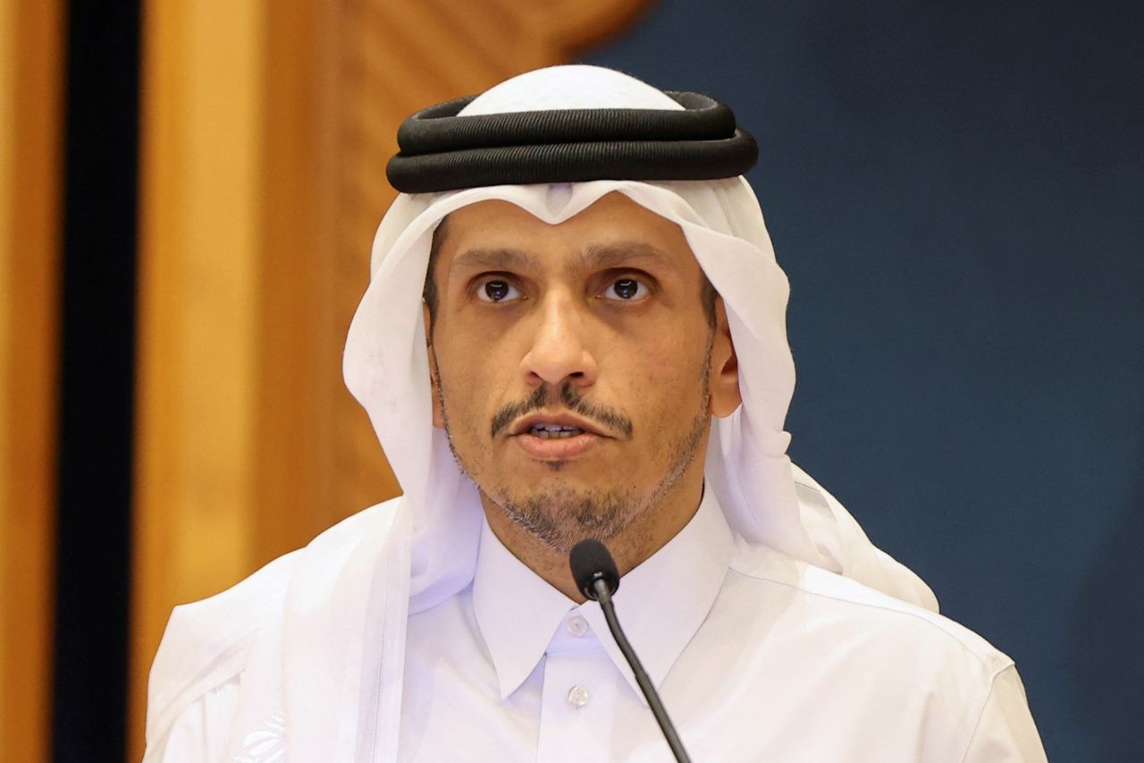 Qatar's Prime Minister and Foreign Minister Sheikh Mohammed Bin Abdulrahman al-Thani speaks at a joint press conference with the U.S. secretary of state in Doha, Qatar, on June 12.