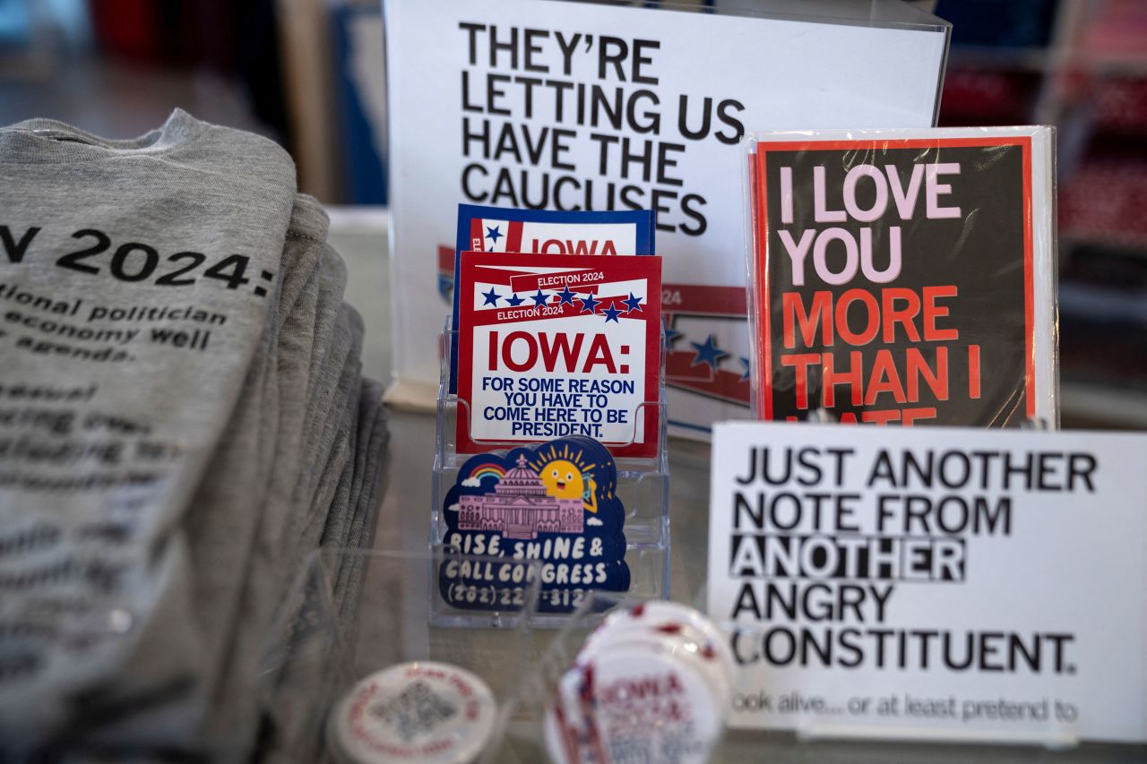 Iowa caucus merchandise is displayed for in Des Moines on Sunday.