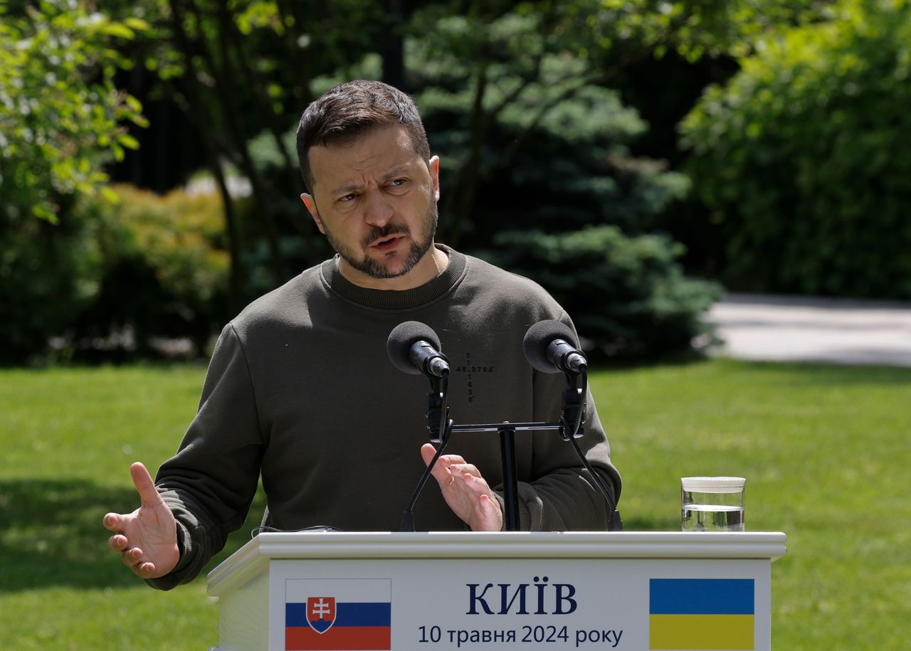 Ukrainian President Volodymyr Zelensky speaks during a joint press conference with Slovak President Zuzana Caputova (not pictured) in Kyiv, Ukraine, on May 10.