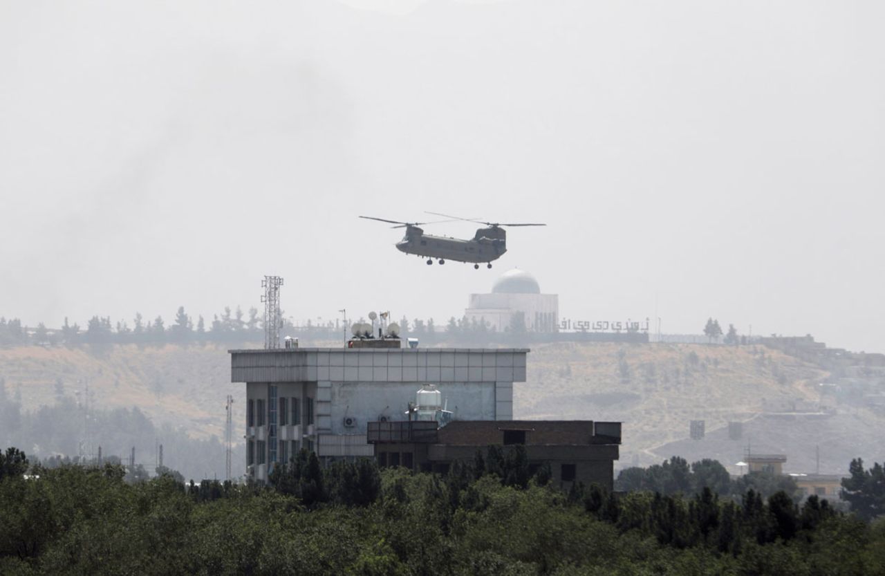 A US Chinook helicopter flies near the US Embassy in Kabul, Afghanistan on August 15.