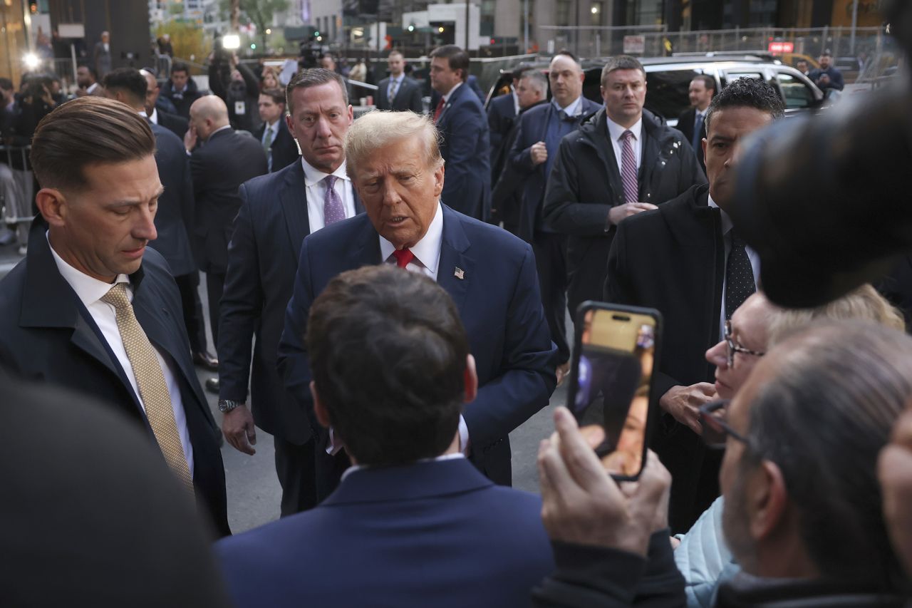 Former President Donald Trump speaks with union representatives at the construction site of the new JPMorgan Chase headquarters in midtown Manhattan, on April 25.