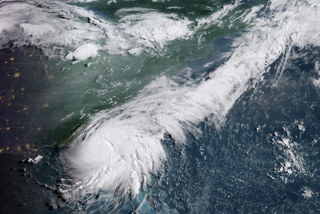 A satellite image taken at 8:16 a.m. ET on Monday shows Hurricane Debby over northern Florida. 