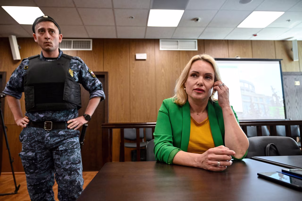 Marina Ovsyannikova, who has been accused of "discrediting" the Russian army fighting in Ukraine, appears in court in Moscow on July 28, 2022.