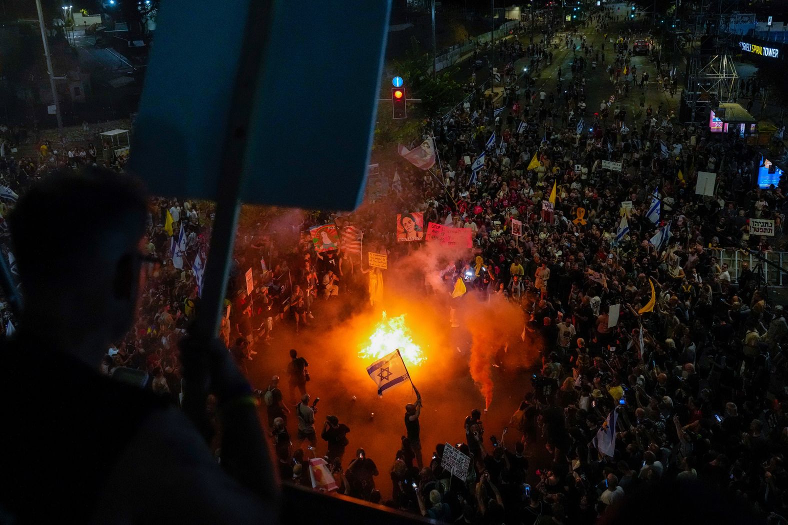 People in Tel Aviv, Israel, protest against the government of Israeli Prime Minister Benjamin Netanyahu and call for the release of hostages being held by Hamas on September 7.