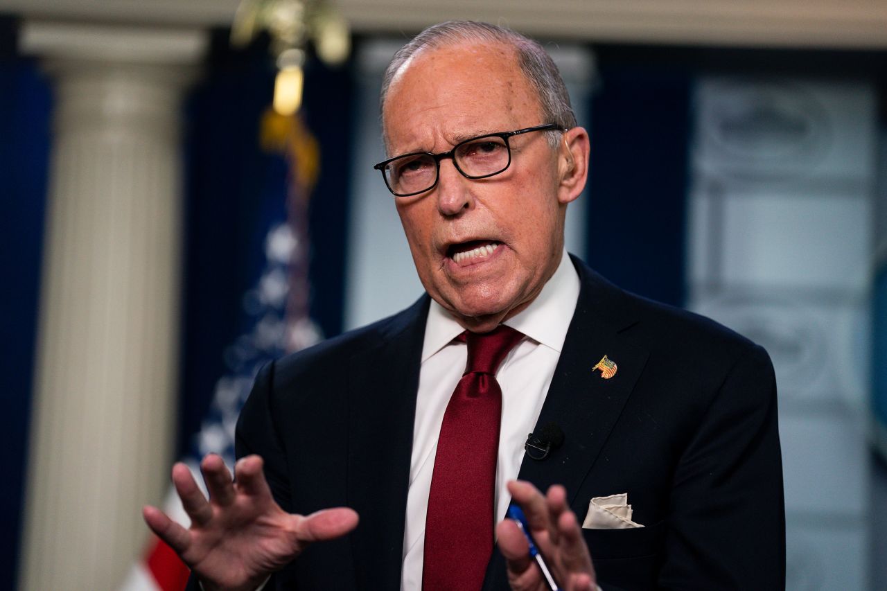 Larry Kudlow talks with reporters on February 28.