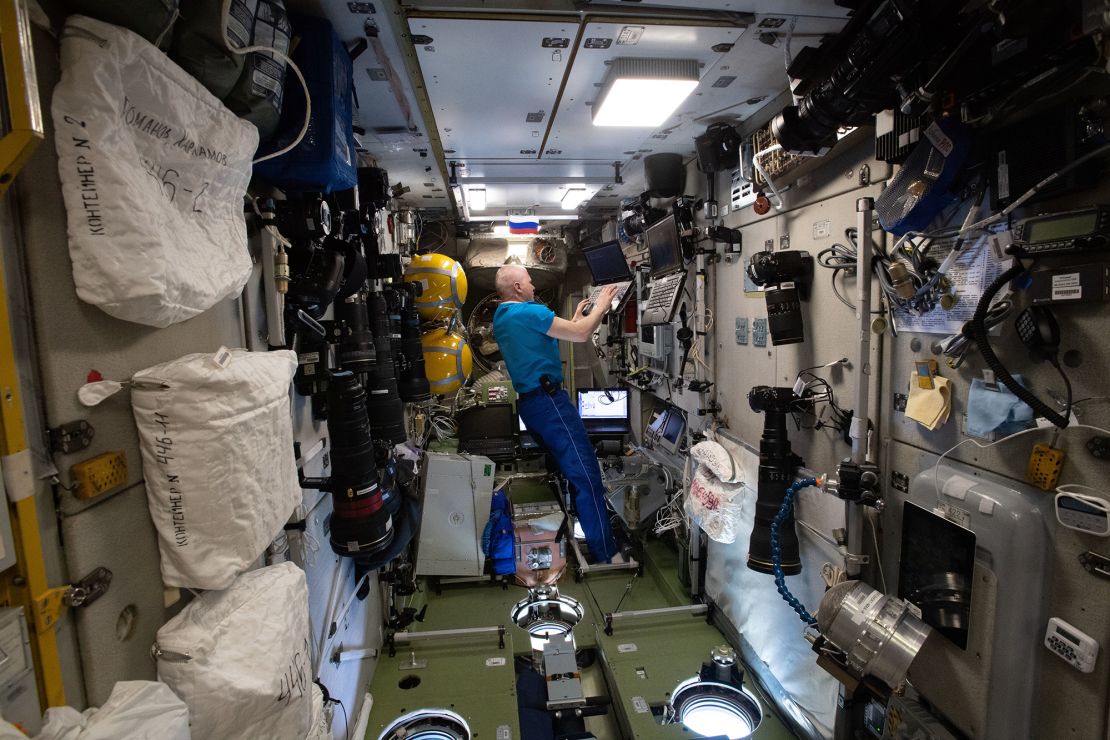 Roscosmos cosmonaut Oleg Novitskiy is seen in the Zvezda service module aboard the International Space Station on September 4, 2021.