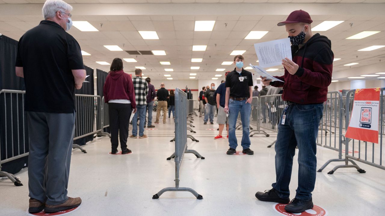 People wait in line to get a Covid-19 vaccine in Lynchburg, Virginia, on March 13.