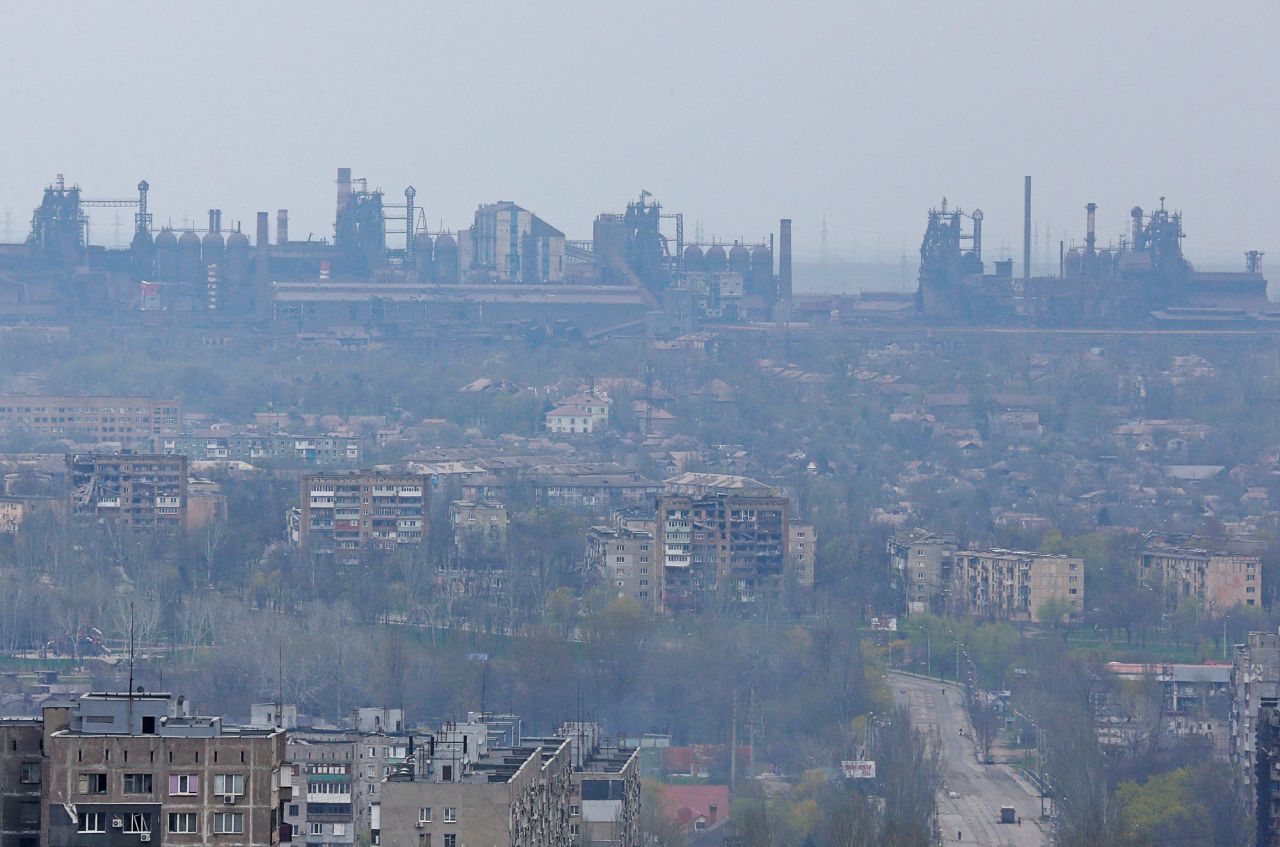 The giant Azovstal?Iron and Steel Works fills the skyline in the southern port city of Mariupol, Ukraine, on April 19.