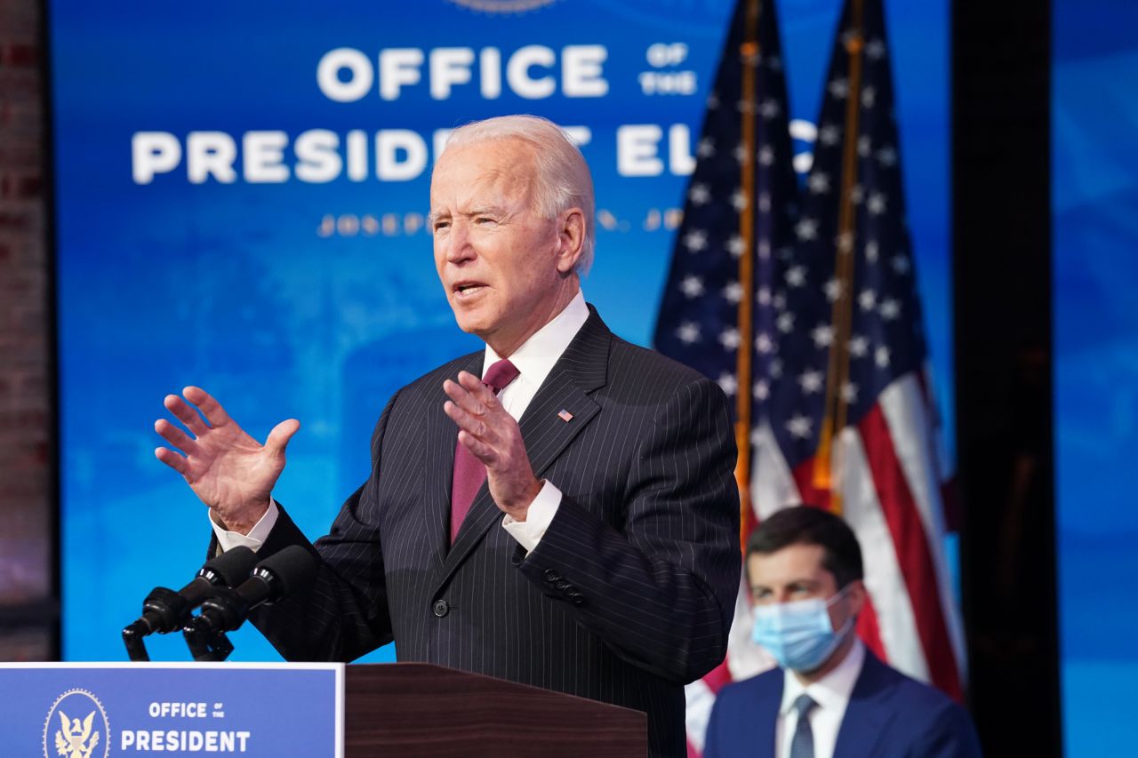 President-elect Joe Biden speaks during a news conference at Biden's transition headquarters on December 16 in Wilmington, Delaware. 