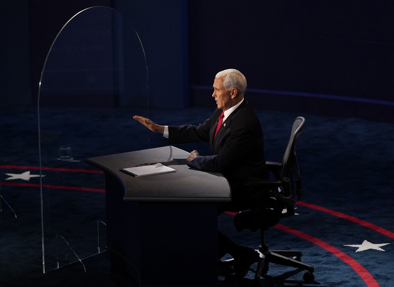 Vice President Mike Pence speaks during the vice presidential debate with Democratic vice presidential candidate Sen. Kamala Harris on Wednesday in Salt Lake City. 